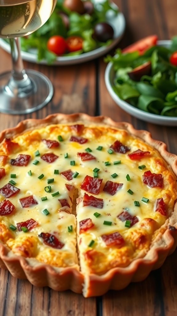 Classic Quiche Lorraine Recipe A slice of quiche Lorraine with bacon and cheese on a rustic table with a salad and wine.